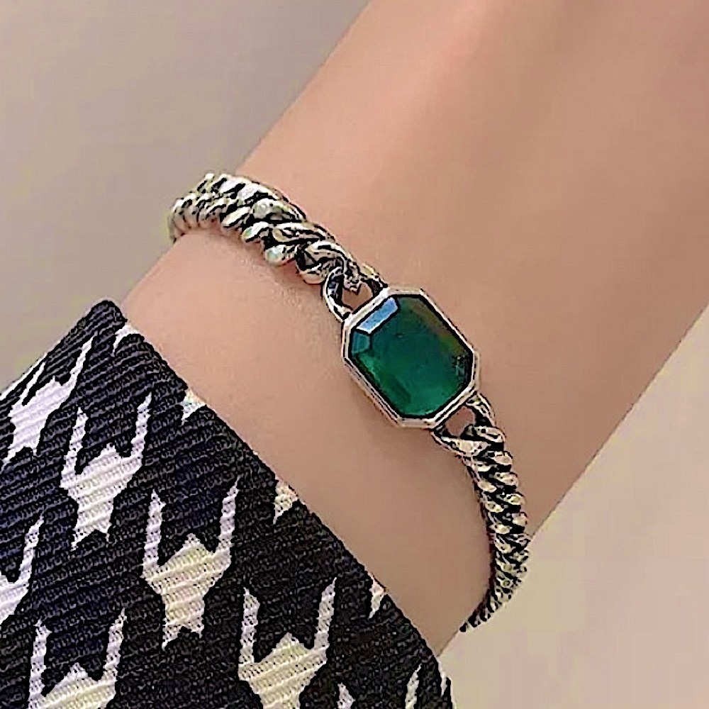 Emerald Zircon Sterling Silver Chain Link Bracelet